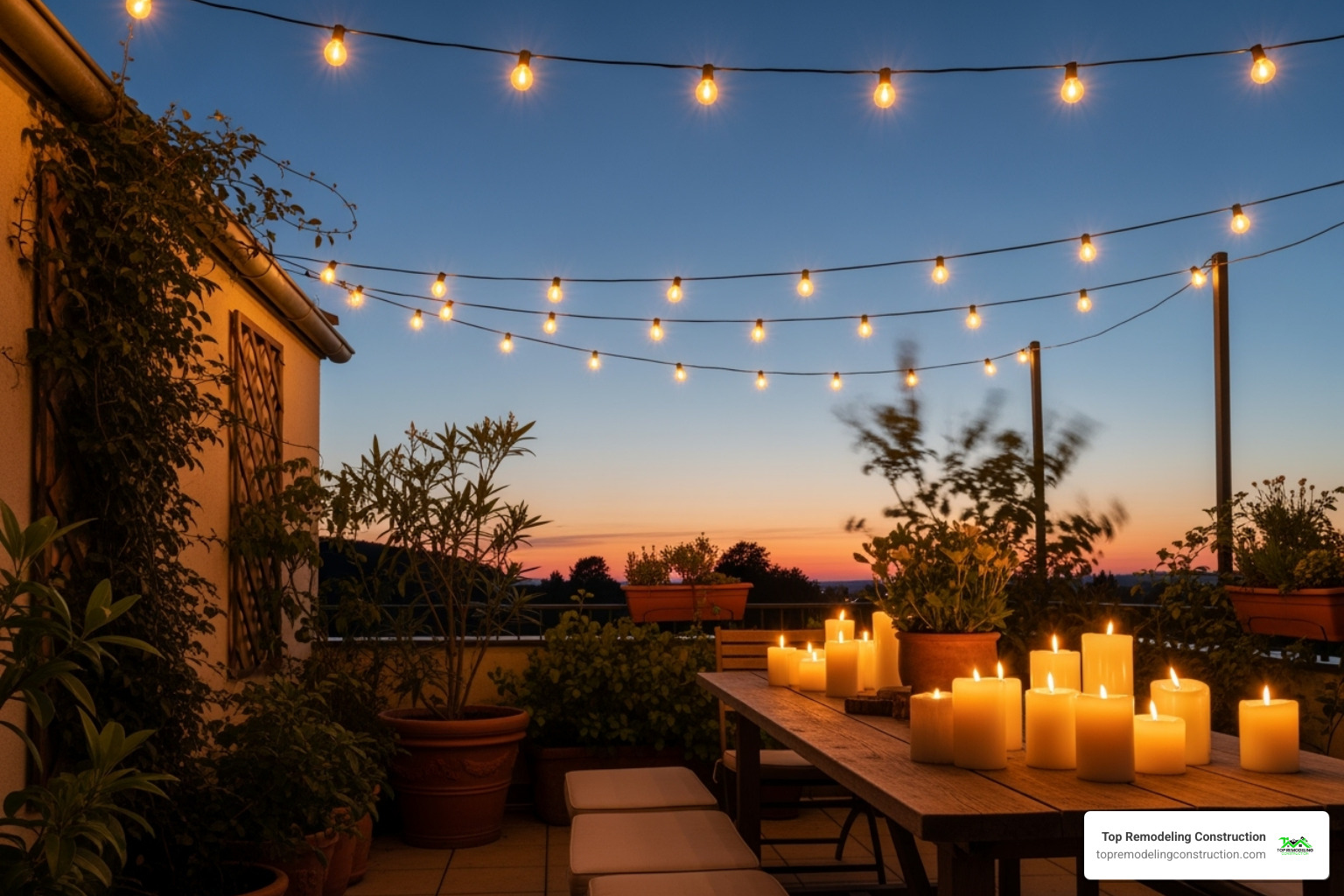 a patio at dusk with beautiful string lighting, candles, and lush plants - decoration ideas for outdoor patios a patio at dusk with beautiful string lighting, candles, and lush plants - decoration ideas for outdoor patios