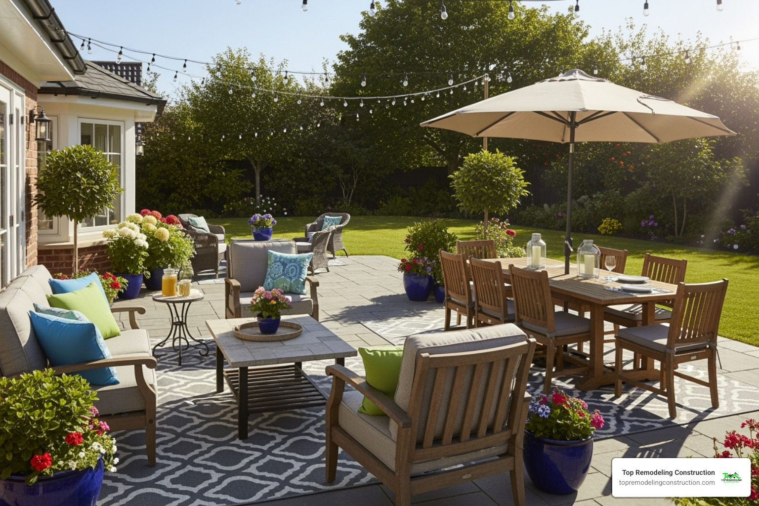 a well-furnished patio with a cozy seating area and a separate dining set - decoration ideas for outdoor patios a well-furnished patio with a cozy seating area and a separate dining set - decoration ideas for outdoor patios