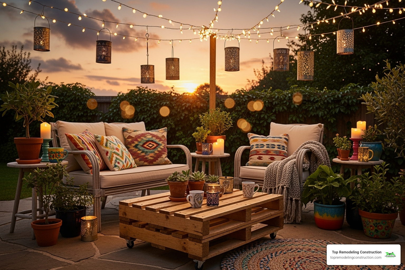 several DIY or budget-friendly decor items on a patio, like a pallet table and tin can lanterns - decoration ideas for outdoor patios several DIY or budget-friendly decor items on a patio, like a pallet table and tin can lanterns - decoration ideas for outdoor patios