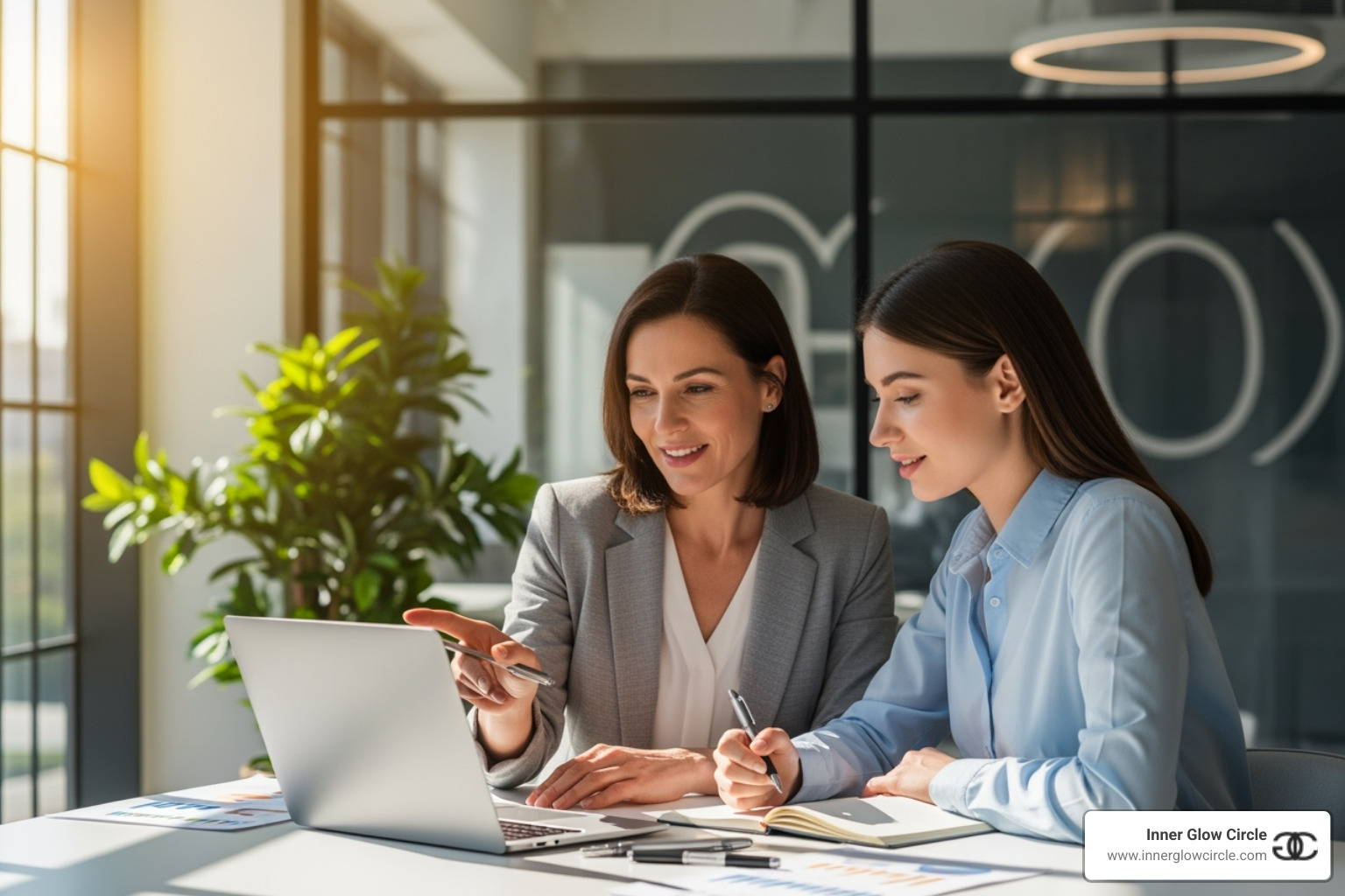 image of a mentor guiding a mentee in a positive, professional setting - Building confidence in women