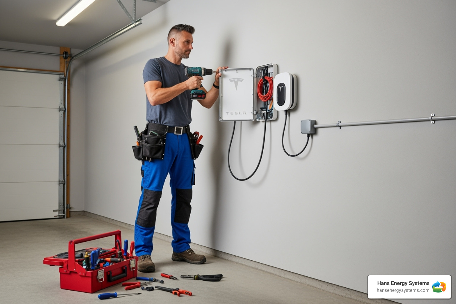 an electrician installing a Tesla Wall Connector - tesla model 3 home charger installation