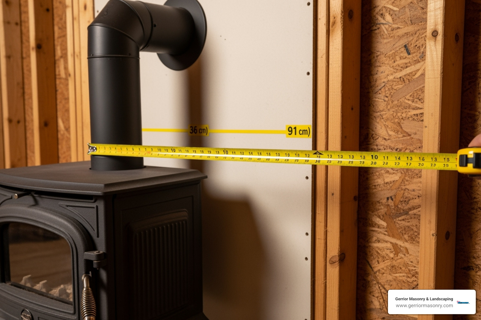 Measuring tape showing proper clearance from a wood stove to a combustible wall - Wood stove installation