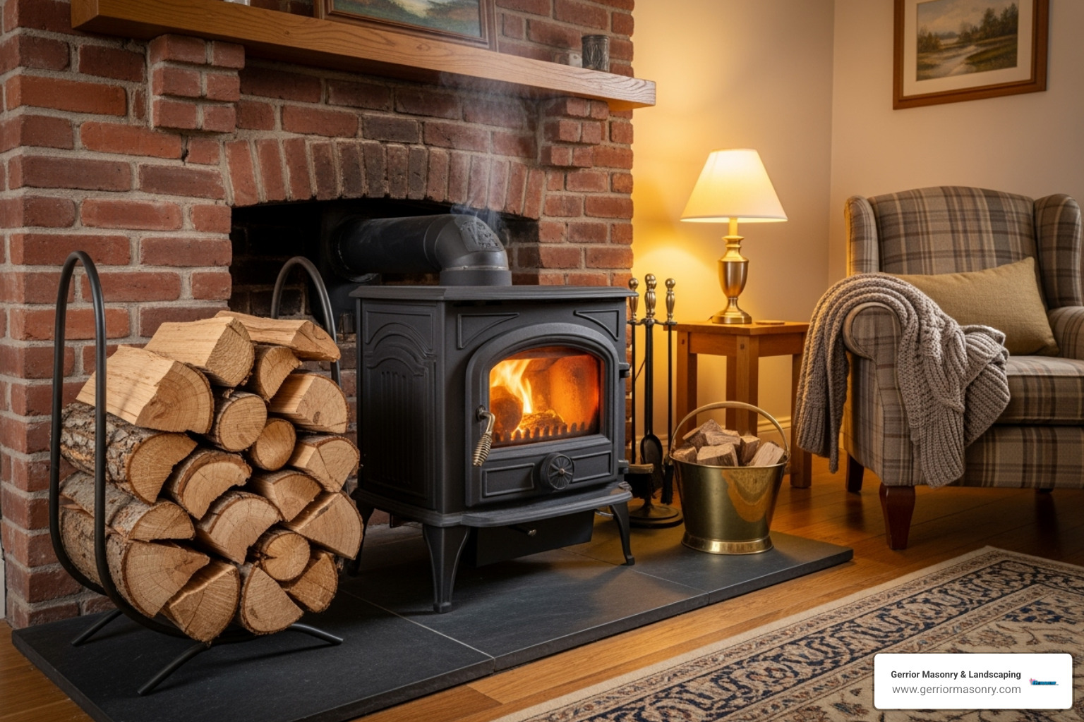 Properly seasoned hardwood stacked near a stove - Wood stove installation
