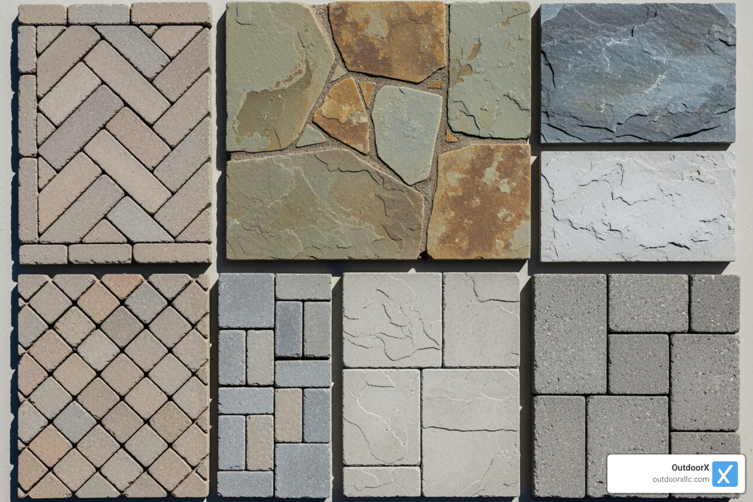 display showing different patio materials like pavers, concrete, and natural stone - patio landscaping near me