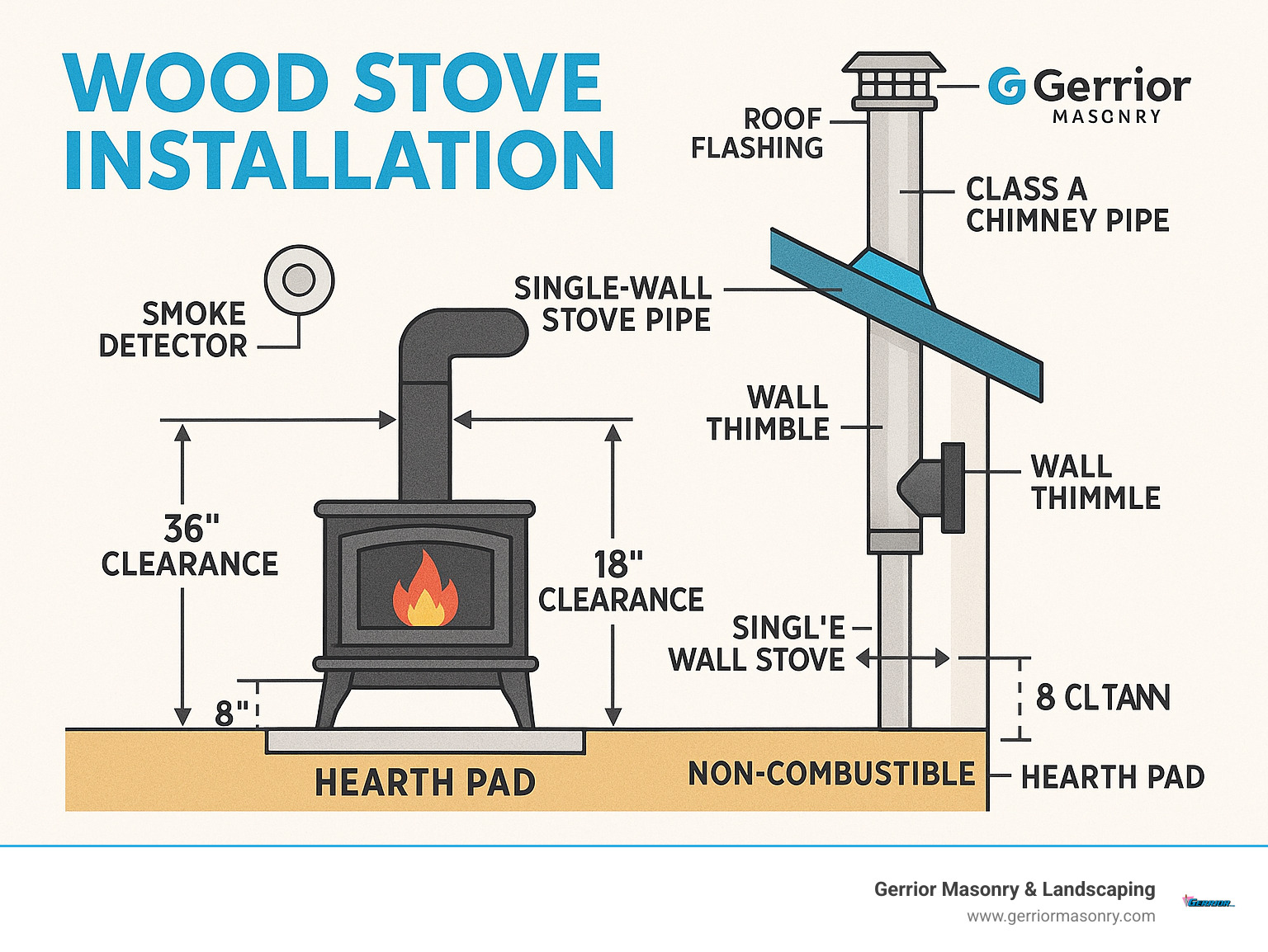 Comprehensive wood stove installation system diagram showing all components from floor hearth pad through wall or roof penetration to chimney cap, including clearance measurements, pipe types, flashing details, and safety equipment placement - Wood stove installation infographic 