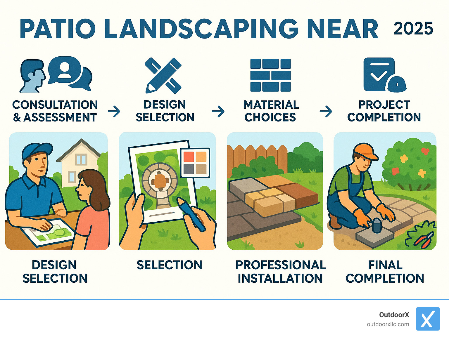 Comprehensive infographic showing the complete patio landscaping process from initial consultation and site assessment through design selection, material choices, professional installation, and final project completion with maintenance tips - patio landscaping near me infographic 