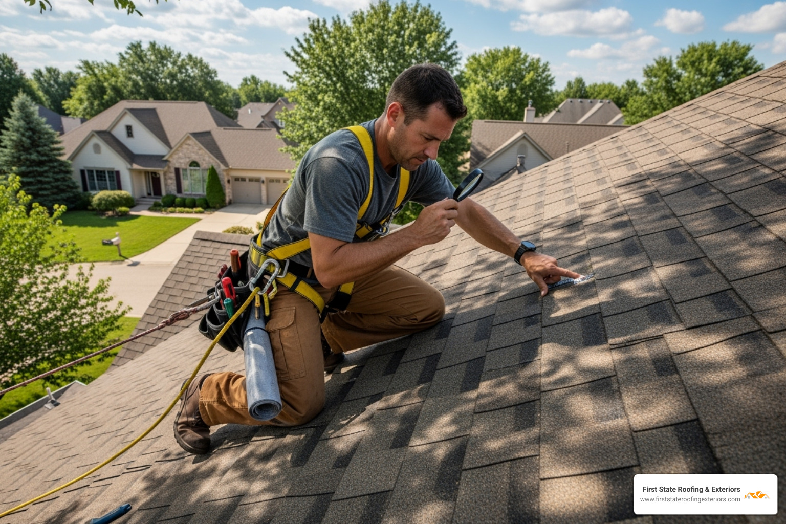 roofer performing a detailed roof inspection with a safety harness - roofer company near me