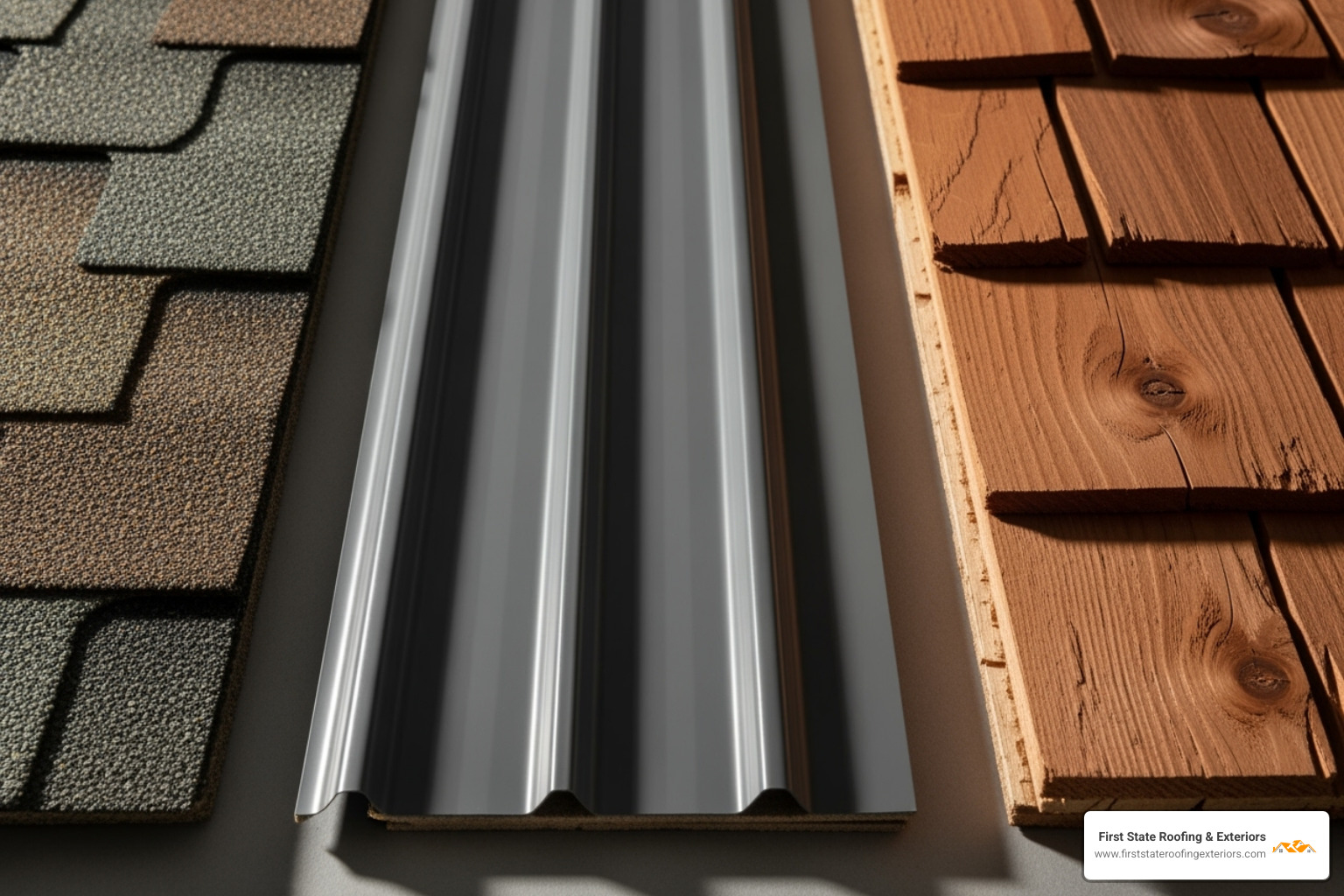 various roofing materials samples including asphalt shingles, metal, and cedar shake - roofer company near me