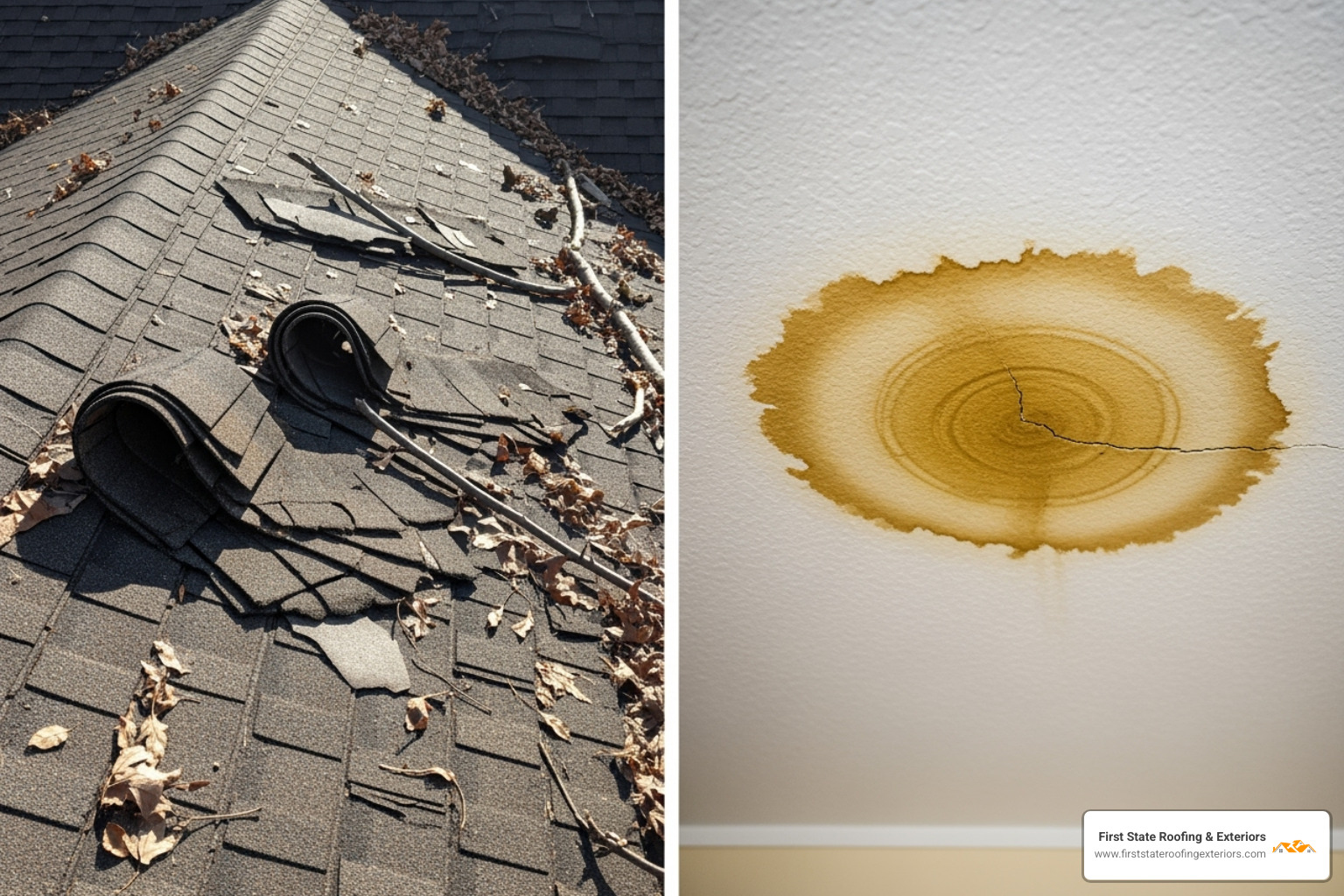 split-view showing curling shingles on a roof and a resulting water stain on an interior ceiling - roofer company near me