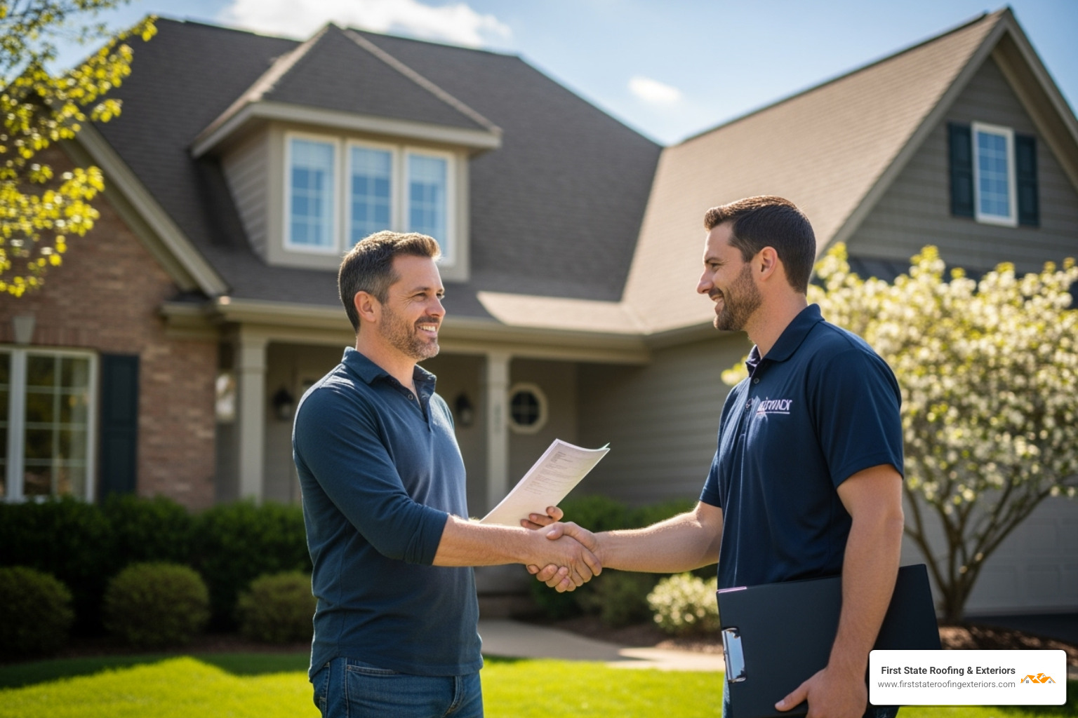 homeowner shaking hands with a roofer after a successful consultation - roofer company near me