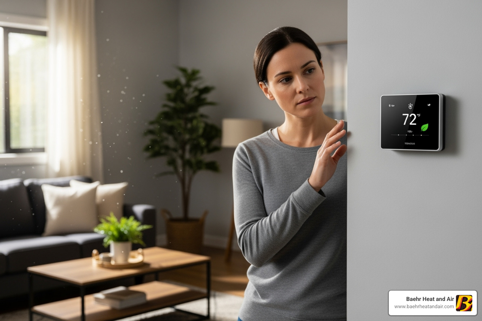 homeowner looking at thermostat - furnace repair grass valley homeowner looking at thermostat - furnace repair grass valley