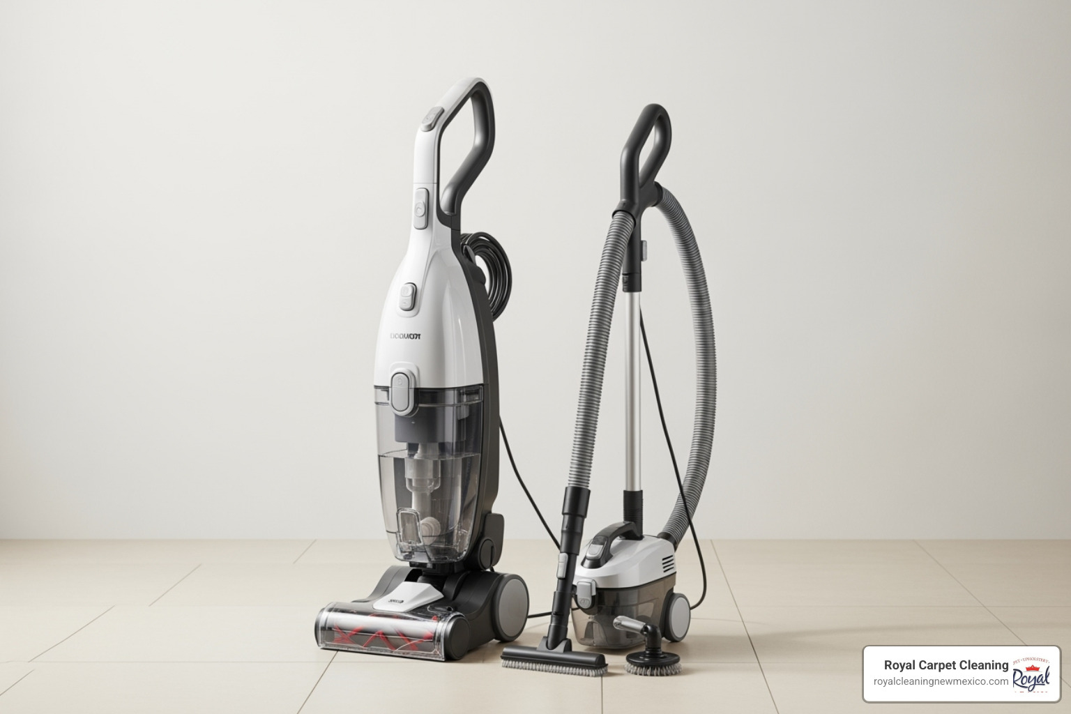 image comparing a sleek upright cleaner and a compact portable cleaner side-by-side - Top rated rug cleaner