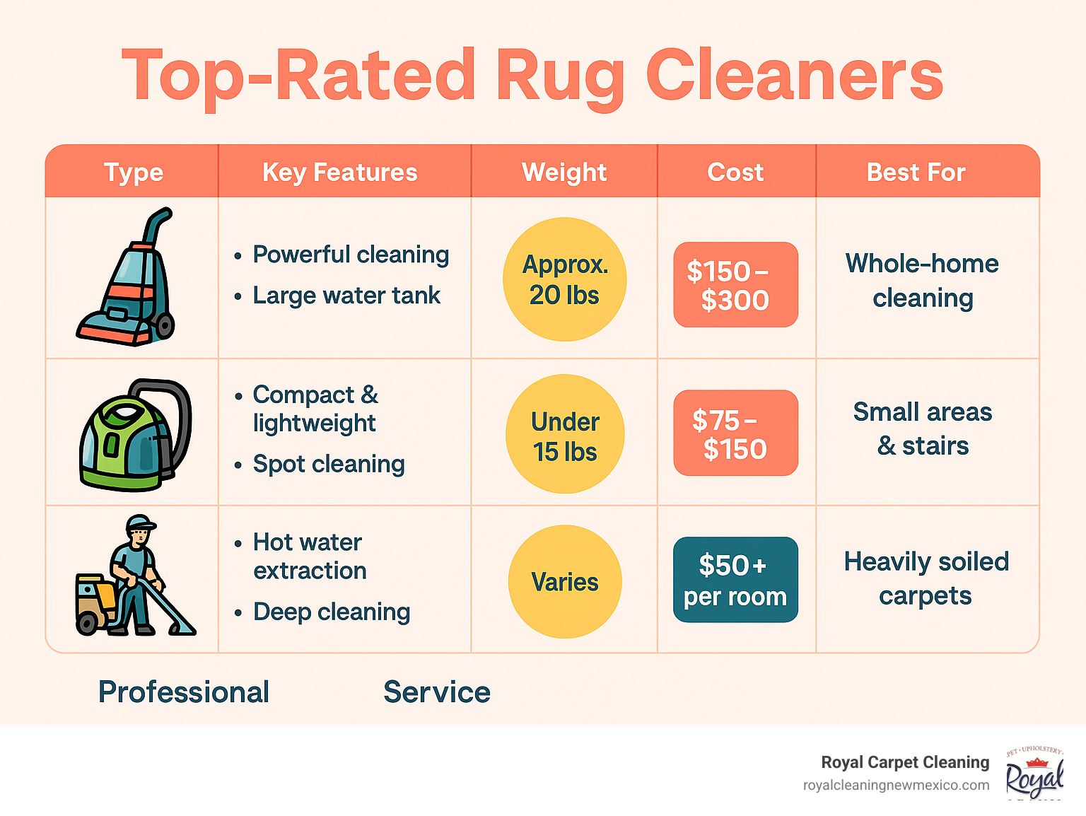 Comprehensive comparison chart showing different types of rug cleaners including upright machines, portable units, and professional services with their key features, weight specifications, price ranges, and best use cases for homeowners - Top rated rug cleaner infographic 