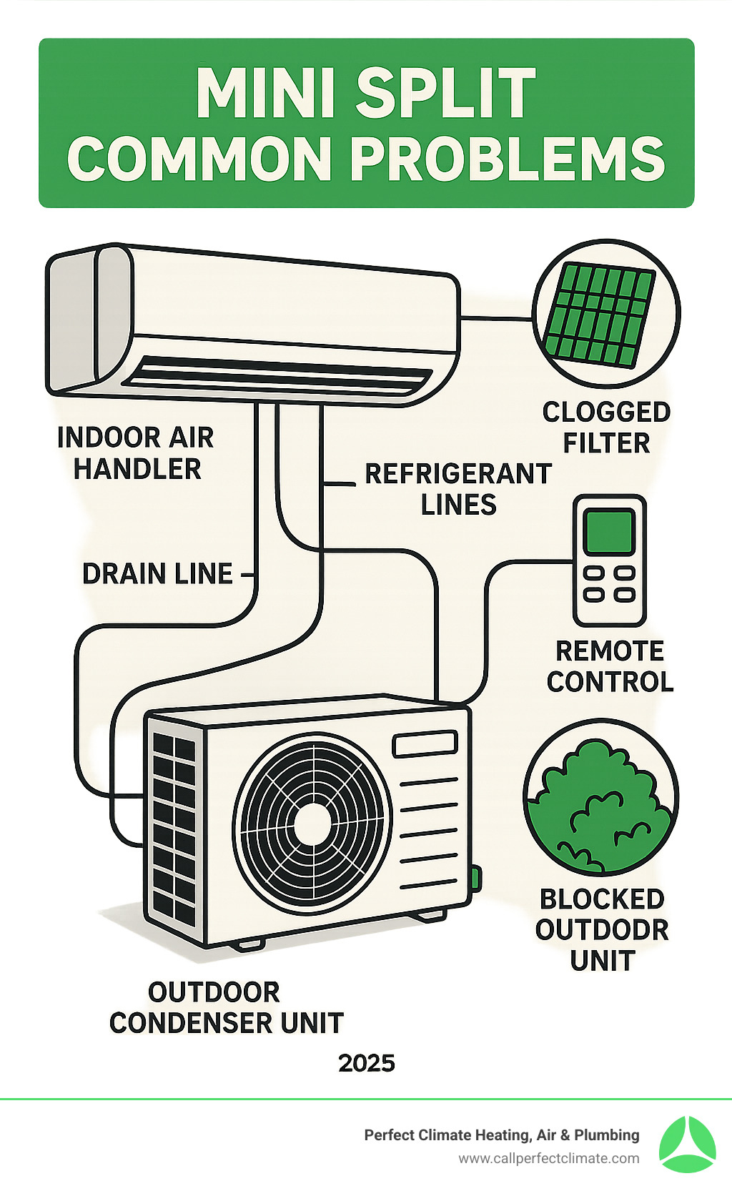 Infographic showing mini split system components including indoor air handler mounted on wall, outdoor condenser unit, refrigerant lines connecting the units, drain line, remote control, and common problem areas like clogged filters and blocked outdoor units - mini split common problems infographic  Infographic showing mini split system components including indoor air handler mounted on wall, outdoor condenser unit, refrigerant lines connecting the units, drain line, remote control, and common problem areas like clogged filters and blocked outdoor units - mini split common problems infographic