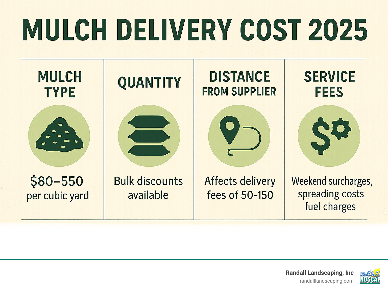 Infographic showing four key factors that determine mulch delivery prices: Mulch Type (ranging from $80-550 per cubic yard), Quantity (bulk discounts available), Distance from supplier (affects delivery fees of $50-150), and Service Fees (weekend surcharges, spreading costs, fuel charges) - mulch delivery cost infographic 