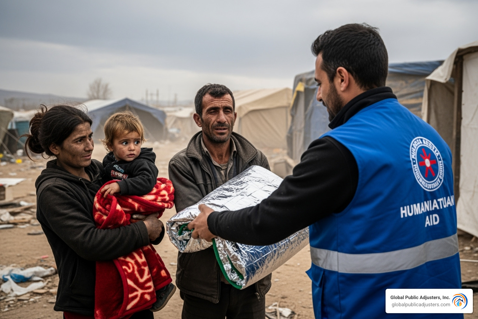 of a family receiving help from a relief worker - Orlando fire damage
