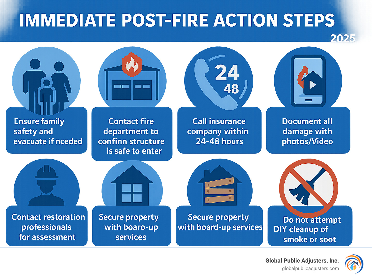 Infographic showing immediate post-fire action steps: 1) Ensure family safety and evacuate if needed, 2) Contact fire department to confirm structure is safe to enter, 3) Call insurance company within 24-48 hours, 4) Document all damage with photos/video, 5) Contact restoration professionals for assessment, 6) Secure property with board-up services, 7) Do not attempt DIY cleanup of smoke or soot - Orlando fire damage infographic 