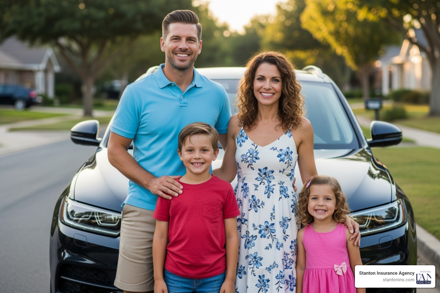 A happy family standing in front of their car, signifying peace of mind and security from adequate insurance coverage. - uninsured motorist liability coverage