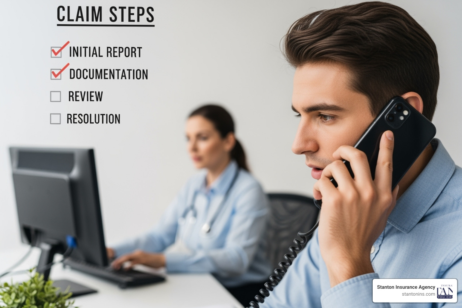 A person on the phone with an insurance agent, with a checklist of claim steps in the background. - uninsured motorist liability coverage