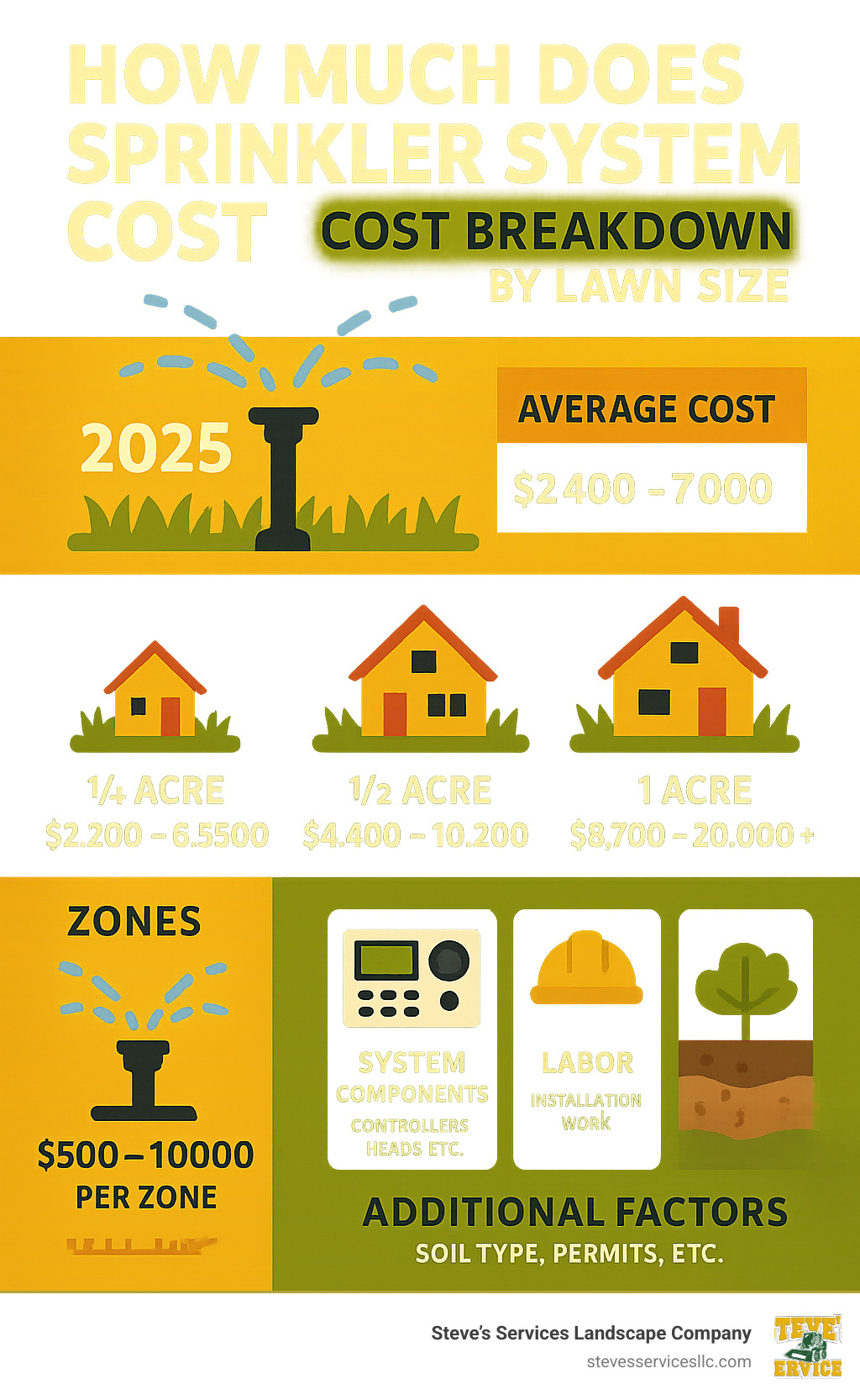 Detailed infographic showing sprinkler system cost breakdown by lawn size, zone requirements, system components like controllers and heads, labor costs, and additional factors like soil type and permits that affect total installation price - how much does sprinkler system cost infographic 