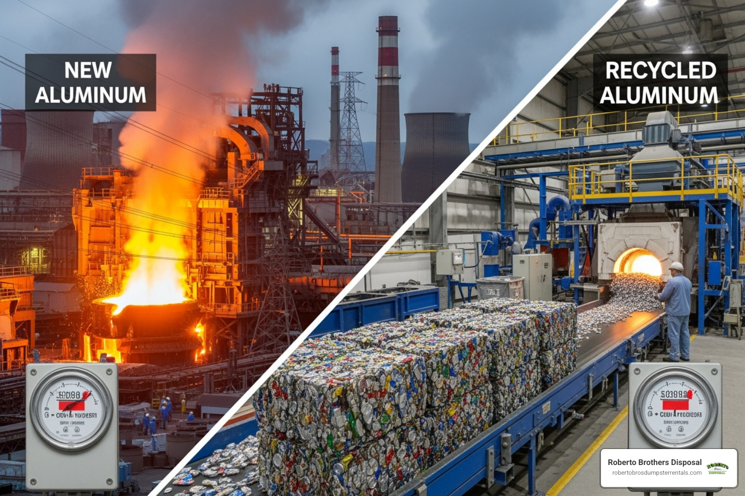 graphic showing energy savings from recycling aluminum vs. creating new aluminum - Scrap metal removal graphic showing energy savings from recycling aluminum vs. creating new aluminum - Scrap metal removal