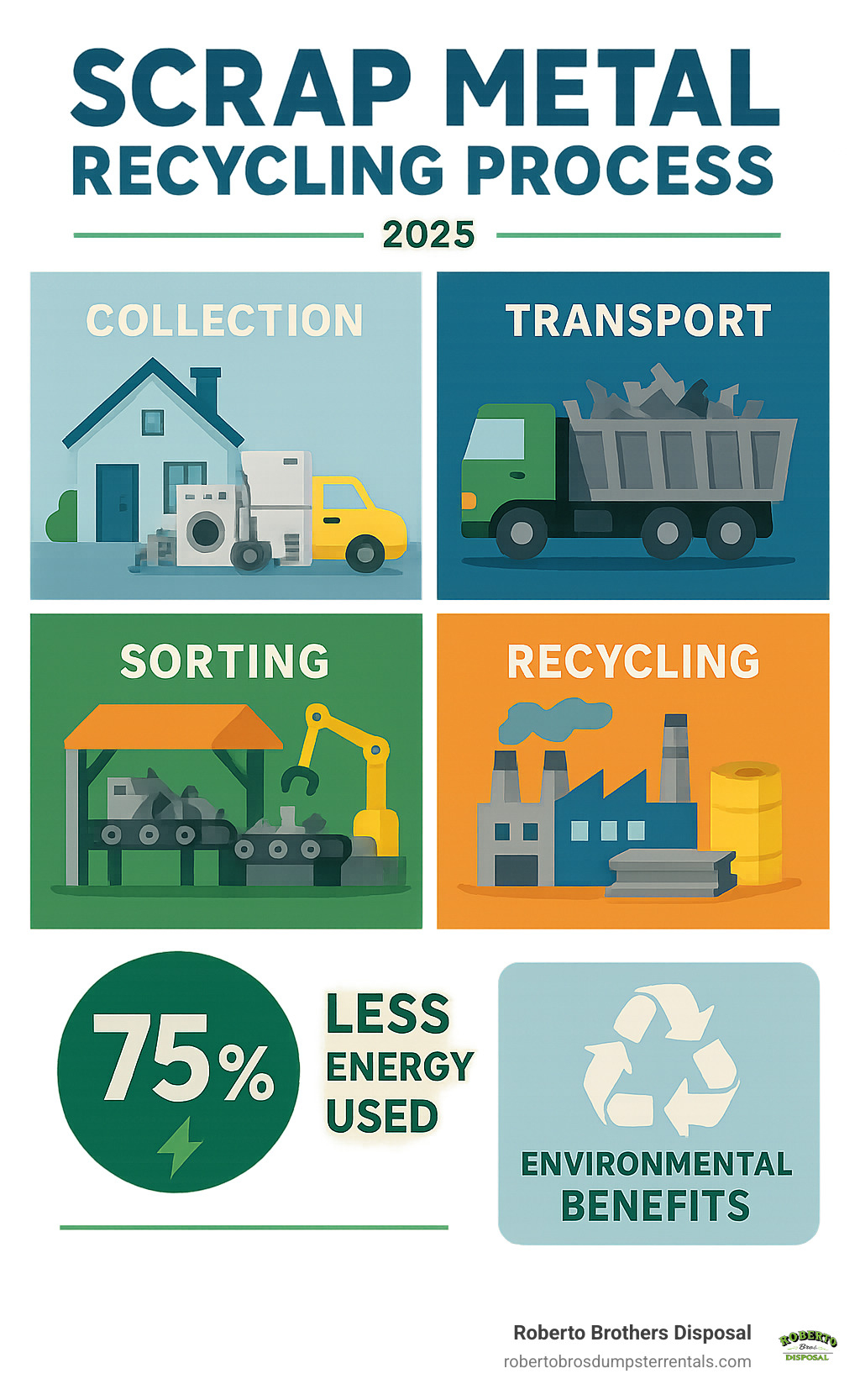 infographic showing the complete scrap metal recycling process from home collection through sorting facilities to manufacturing new products, with statistics on energy savings and environmental benefits - Scrap metal removal infographic infographic showing the complete scrap metal recycling process from home collection through sorting facilities to manufacturing new products, with statistics on energy savings and environmental benefits - Scrap metal removal infographic