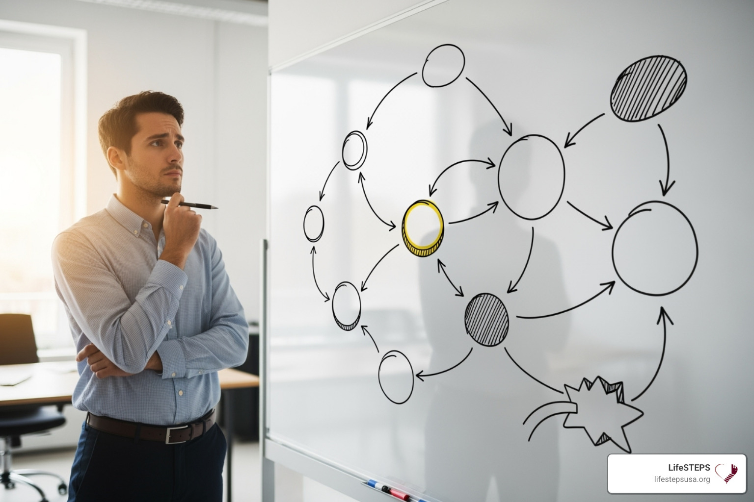 person looking at a career path diagram on a whiteboard - become a support coordinator