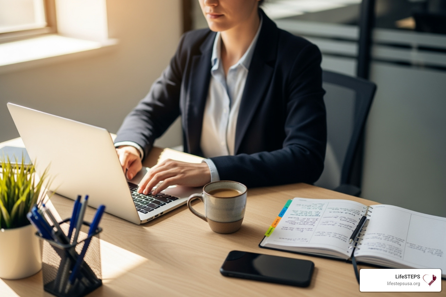 person at an organized desk with a laptop, planner, and phone - become a support coordinator