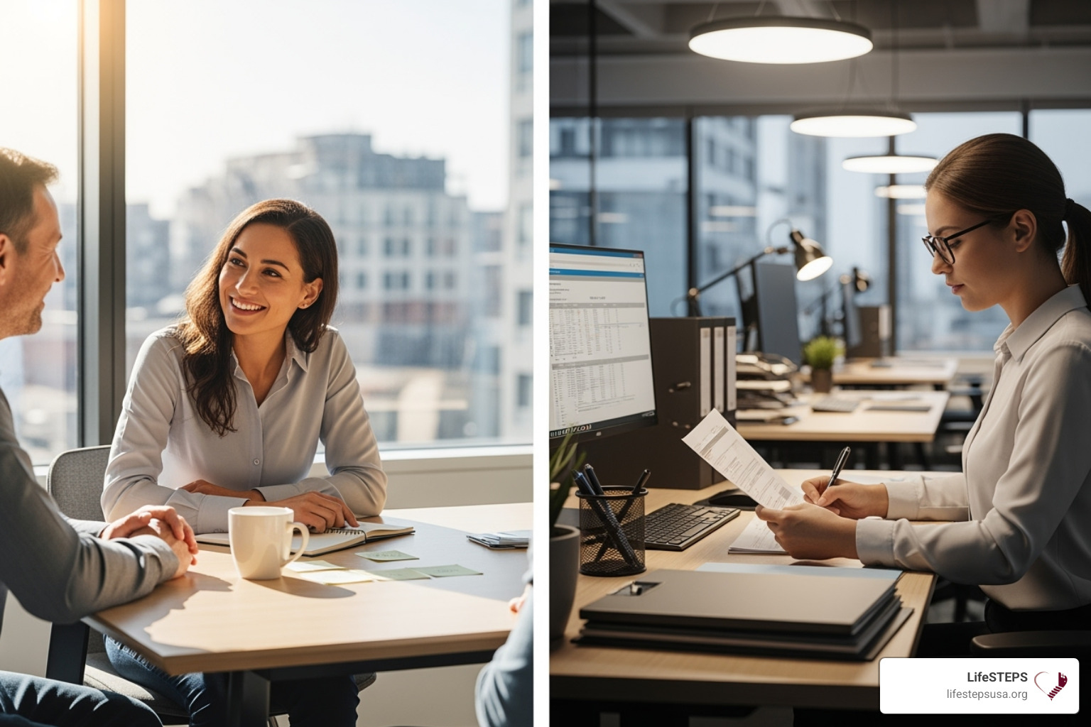 split screen of a support coordinator in a positive client meeting and working diligently on paperwork - become a support coordinator