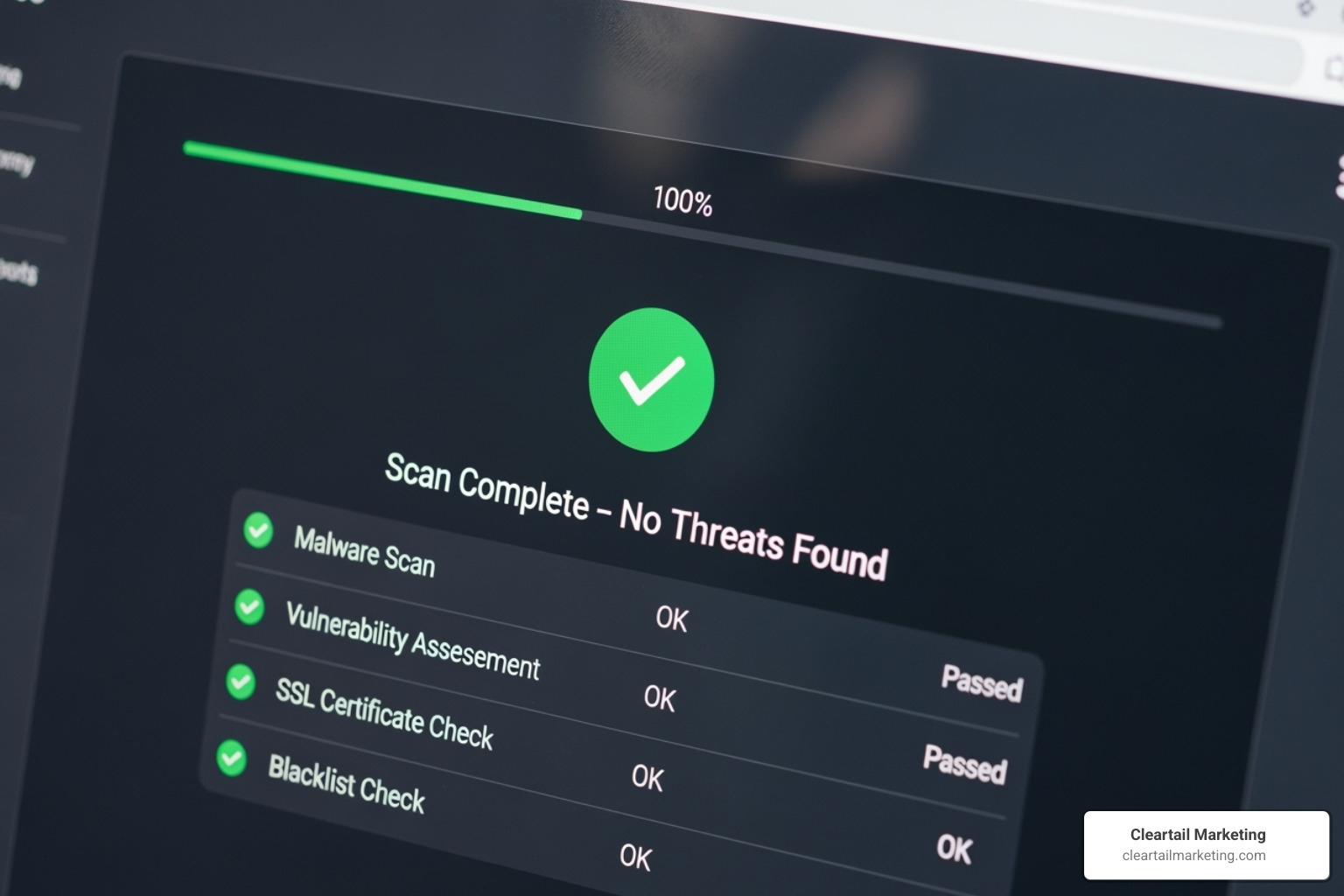 a website security scan showing a clean bill of health - professional WordPress development