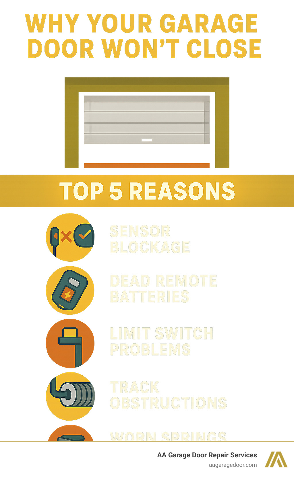 Infographic showing the top 5 reasons a garage door won't close: sensor blockage, dead remote batteries, limit switch problems, track obstructions, and worn springs or rollers - garage door not closing infographic 