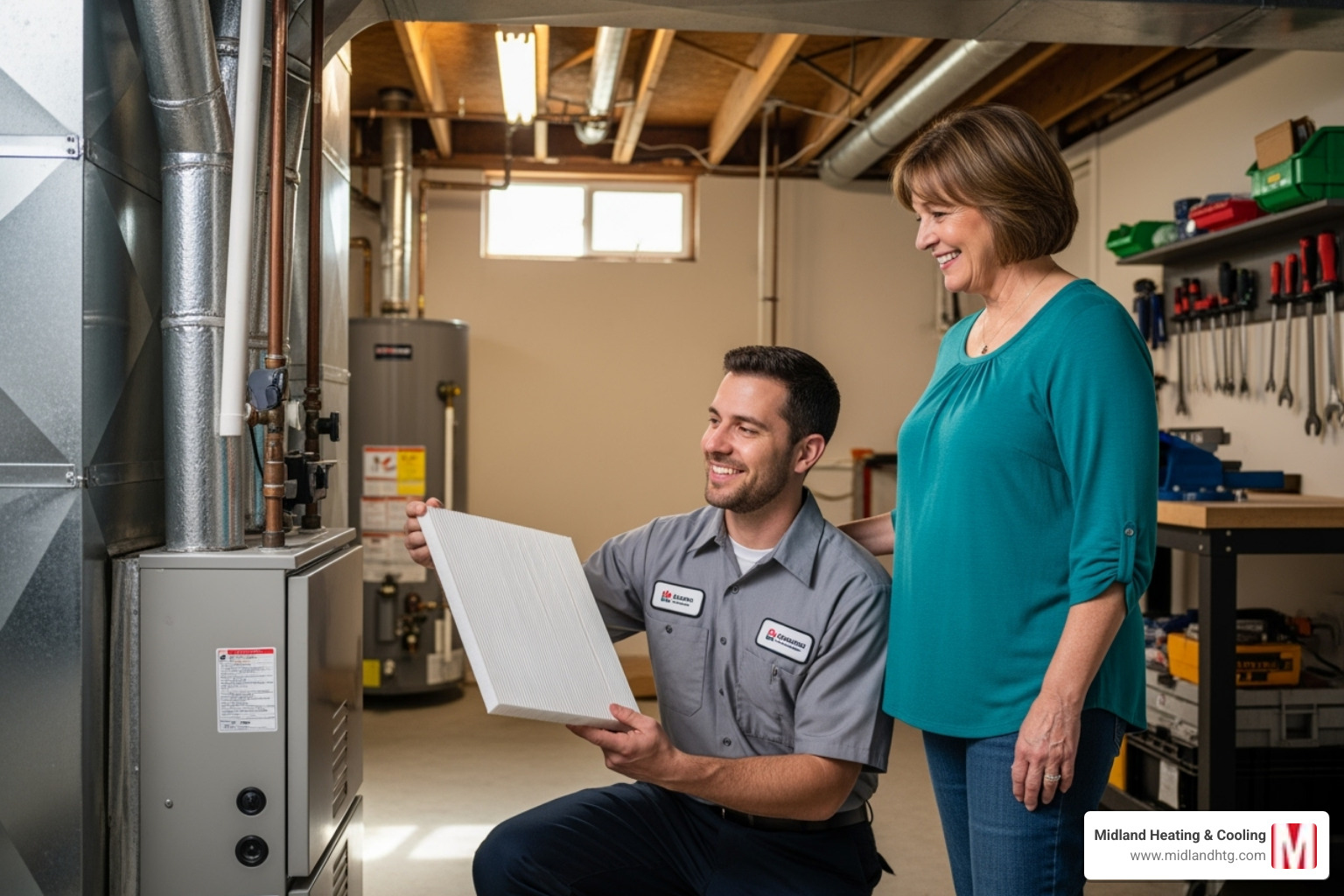 Friendly technician showing a homeowner a clean air filter - Affordable AC services
