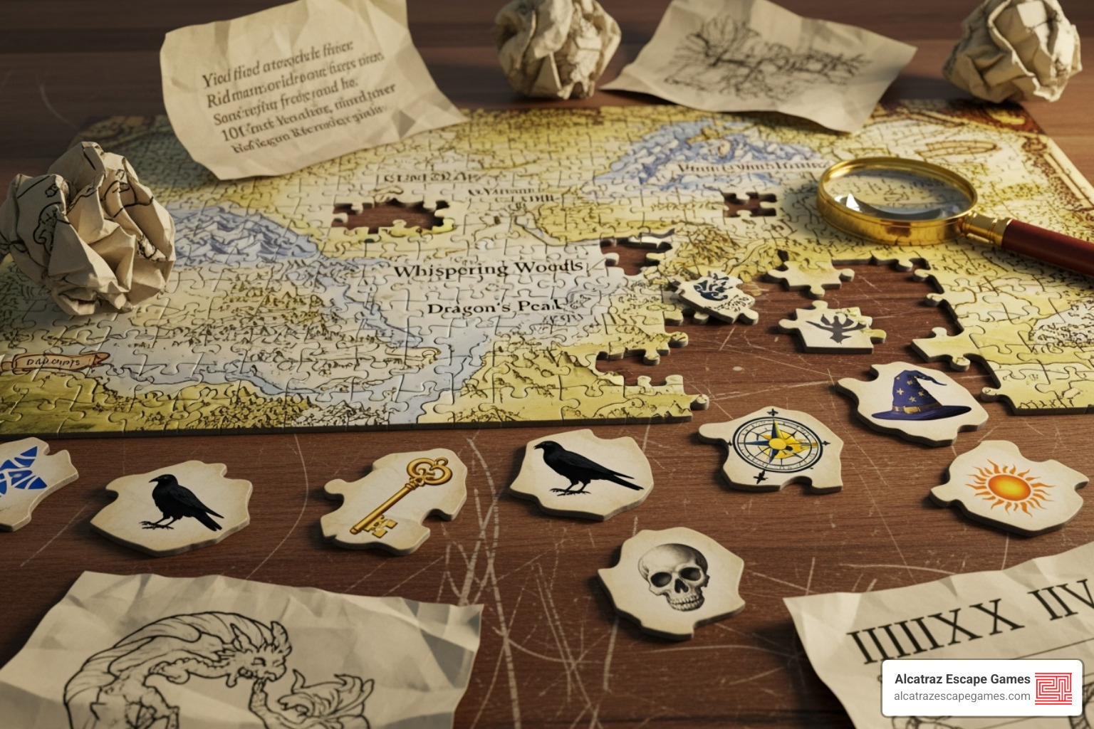 Close-up on a complex-looking puzzle involving a map, various symbols, and scattered paper clues. - dawn of the zombies escape room