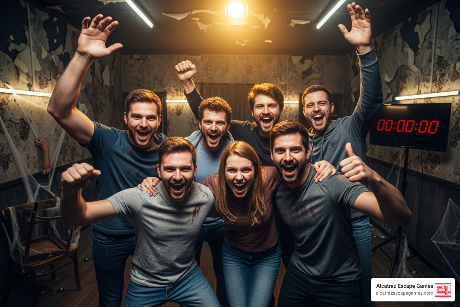 A group of excited players, holding a "We Escaped!" sign, celebrating their victory in a zombie-themed escape room, looking triumphant and slightly disheveled. - dawn of the zombies escape room