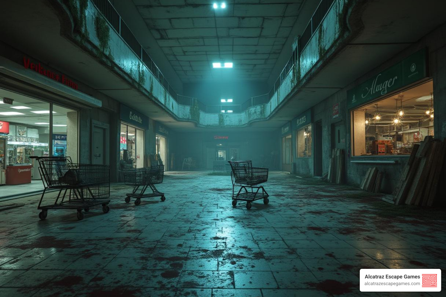 Interior of a zombie-themed escape room with scattered props, a dimly lit shopping mall backdrop, and thematic elements like overturned carts and fake bloodstains. - dawn of the zombies escape room