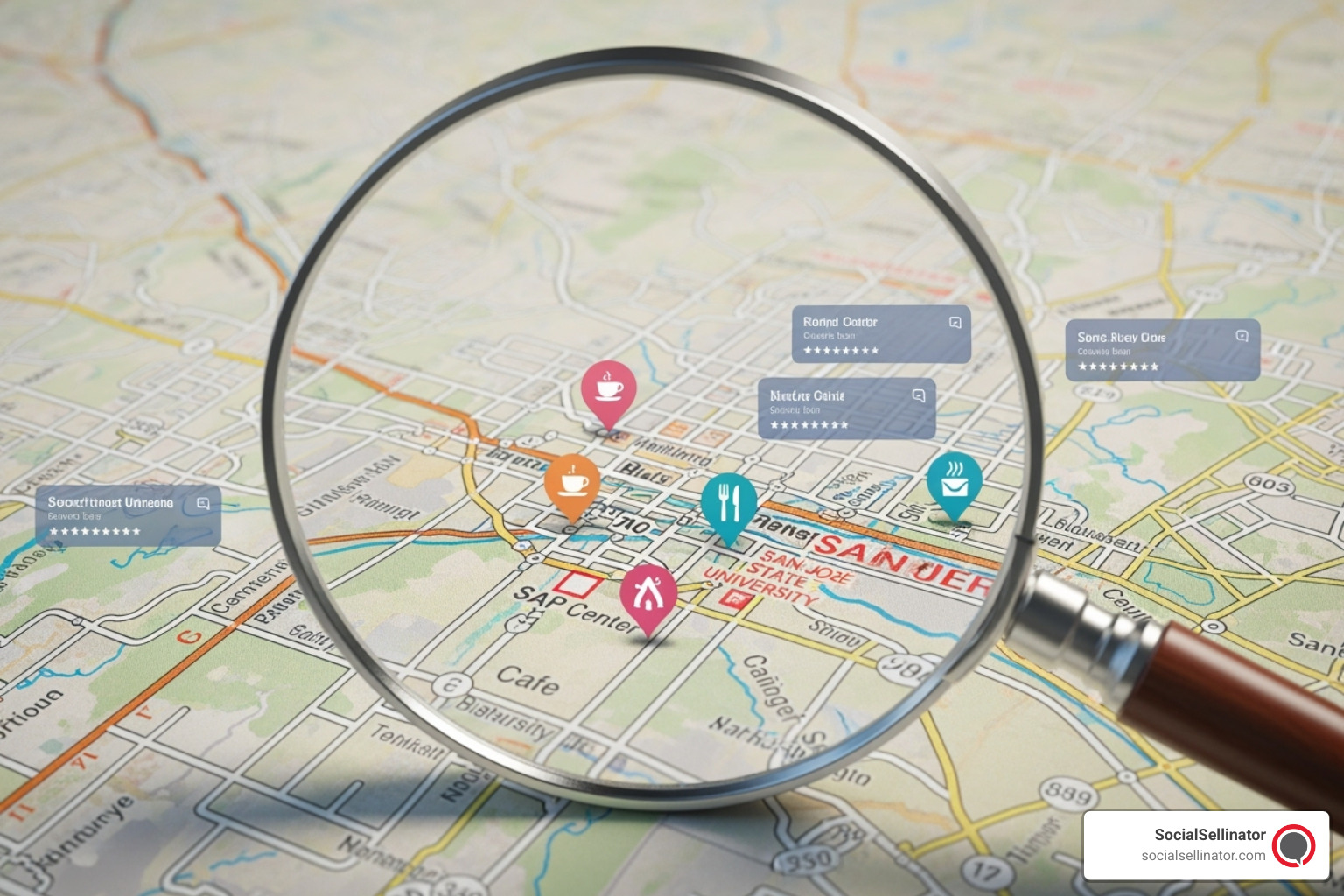 Magnifying glass over a map of San Jose, highlighting local businesses and digital search results. - San Jose SEO