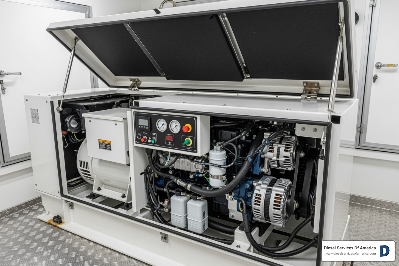 of a Kohler generator with its sound shield open, showing the internal components - kohler marine generator