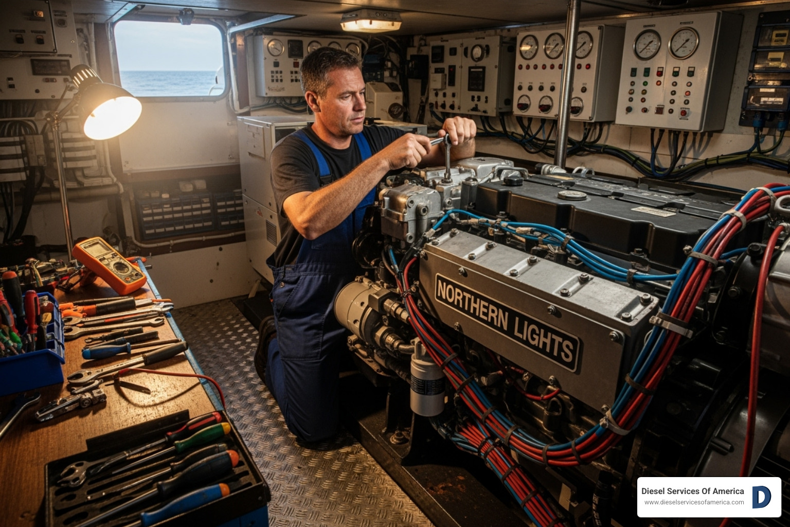 of a technician servicing a Kohler marine generator - kohler marine generator