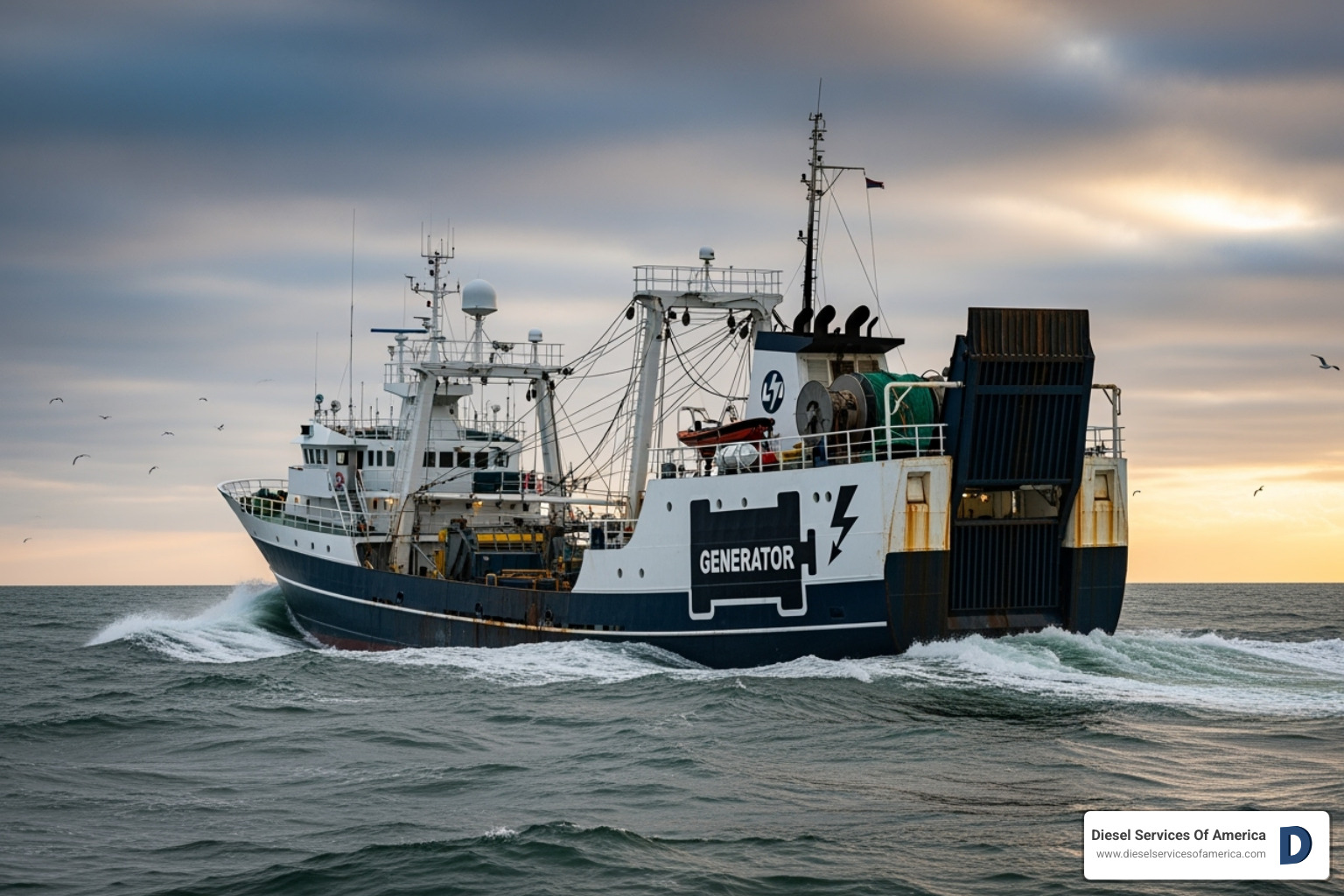 A large commercial fishing vessel at sea, with a silhouette of a generator symbol on its side - kohler marine generator