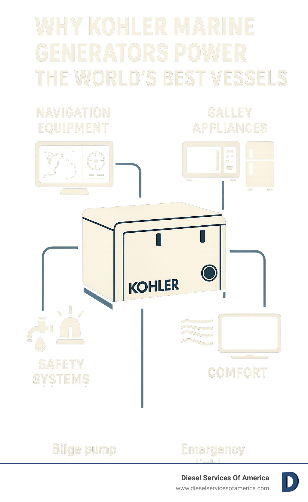 Infographic showing marine generator powering essential boat systems: navigation equipment with GPS and radar displays, galley appliances including refrigerator and microwave, safety systems with bilge pumps and emergency lighting, and comfort features like air conditioning and entertainment systems, all connected to a central Kohler marine generator - kohler marine generator infographic 
