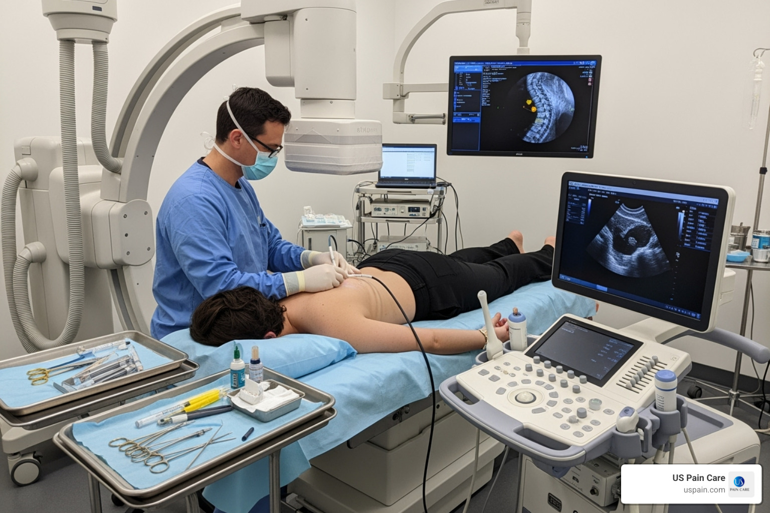 A physician performing an interventional pain management procedure with imaging guidance on a patient - what is interventional pain management