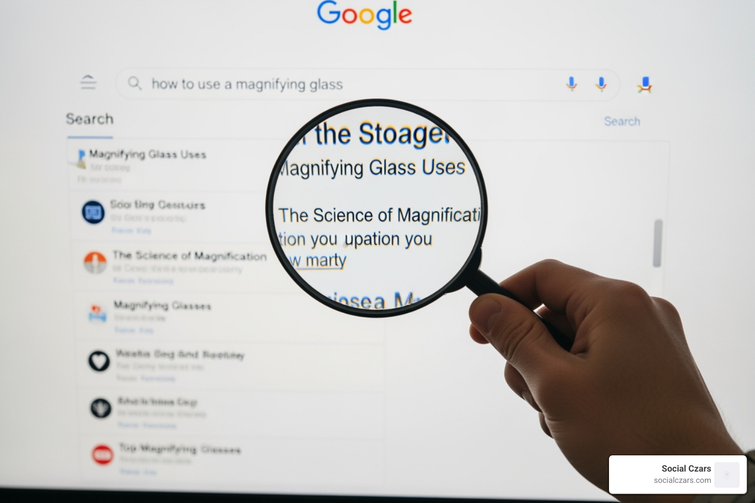 a magnifying glass over a Google search results page - Google Reputation Repair a magnifying glass over a Google search results page - Google Reputation Repair