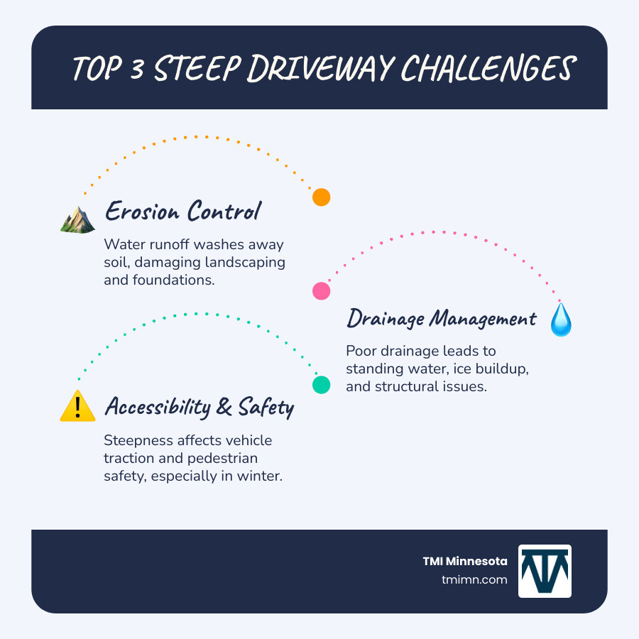 Infographic showing the top 3 challenges of steep driveways: Erosion control with water damage illustration, Drainage management with runoff arrows, and Accessibility concerns with safety icons - landscaping ideas for steep driveways infographic infographic-line-3-steps-blues-accent_colors