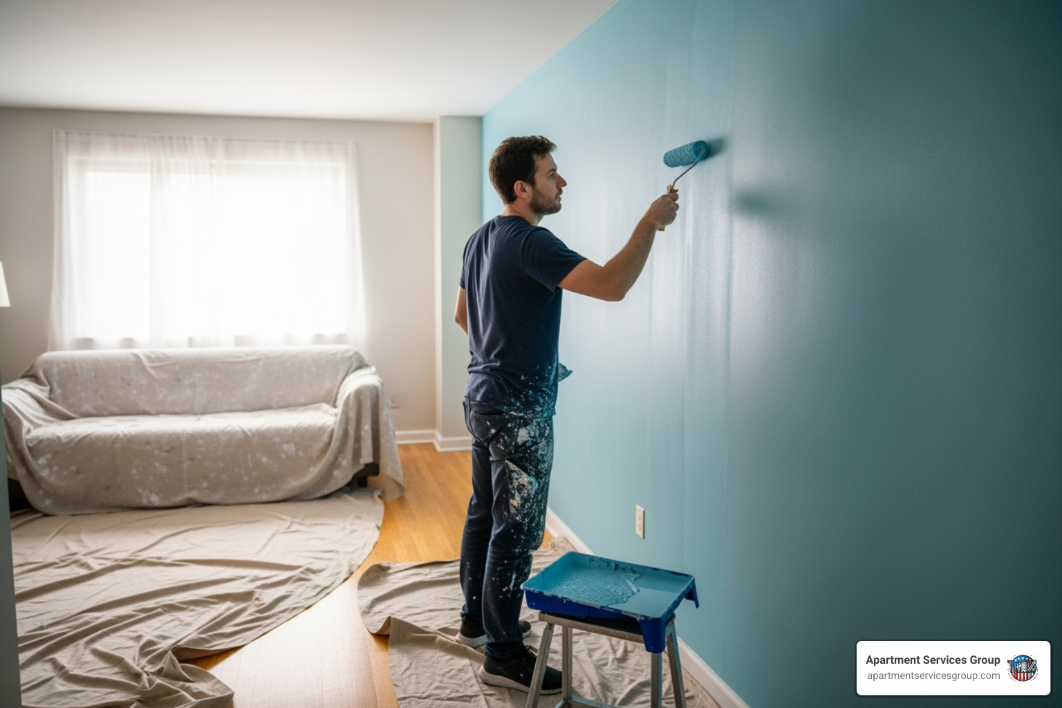 Person painting a wall with proper drop cloths - cost to paint apartment unit Person painting a wall with proper drop cloths - cost to paint apartment unit