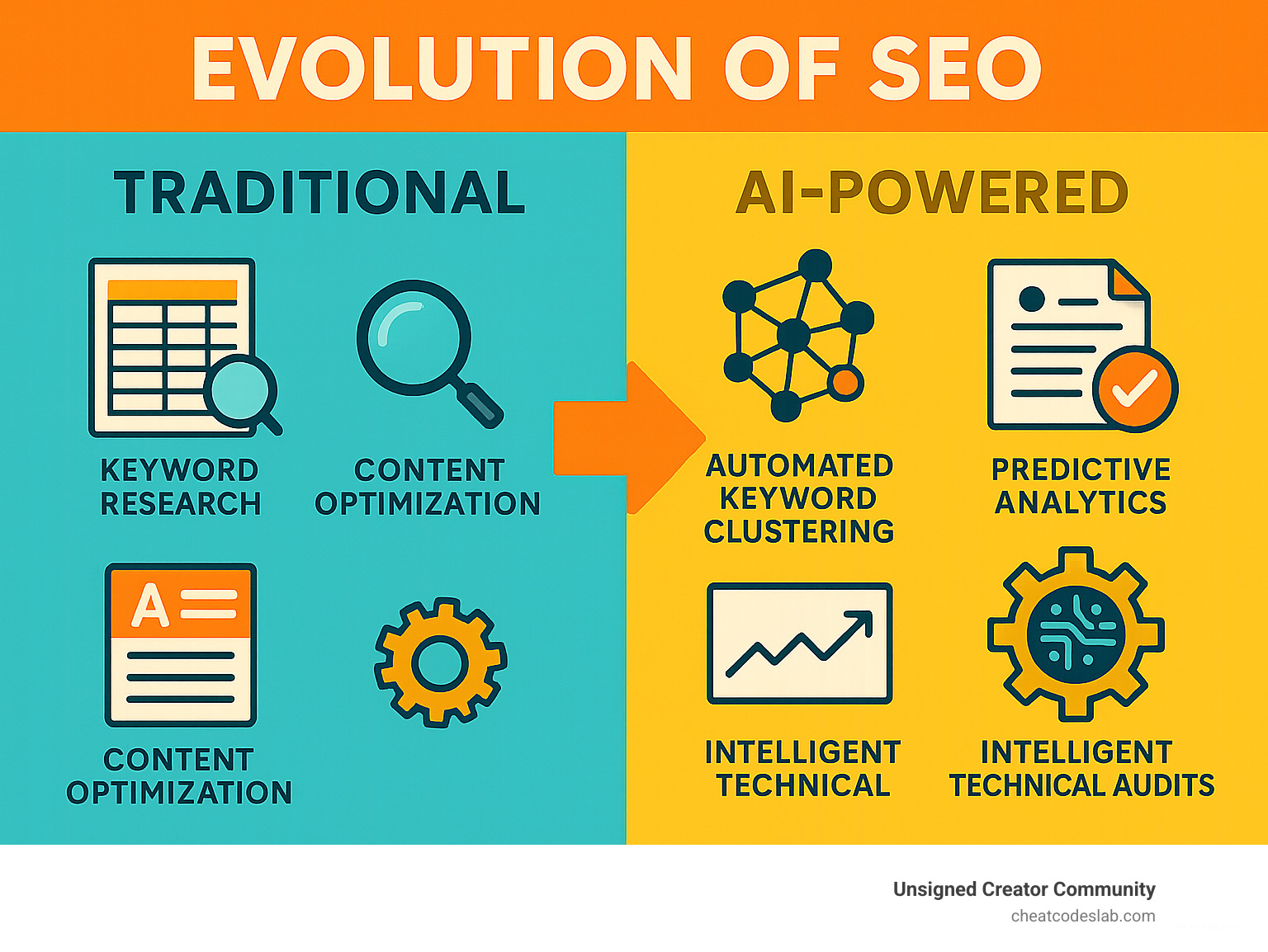 Infographic showing the evolution from traditional manual SEO processes like keyword research spreadsheets and manual content optimization to AI-powered SEO featuring automated keyword clustering, real-time content scoring, predictive analytics, and intelligent technical audits - seo ai software infographic 
