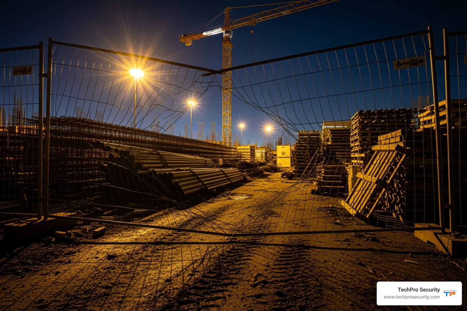 breached construction site fence at night - construction site security camera monitoring