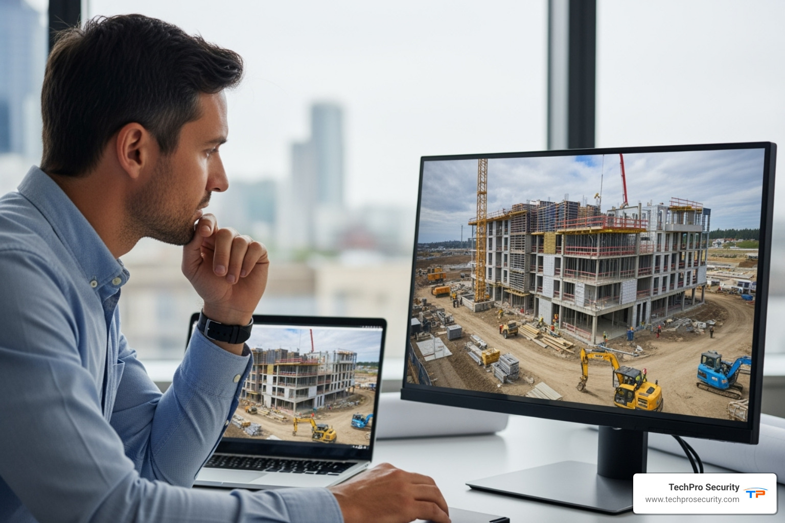 project manager viewing time-lapse video - construction site security camera monitoring