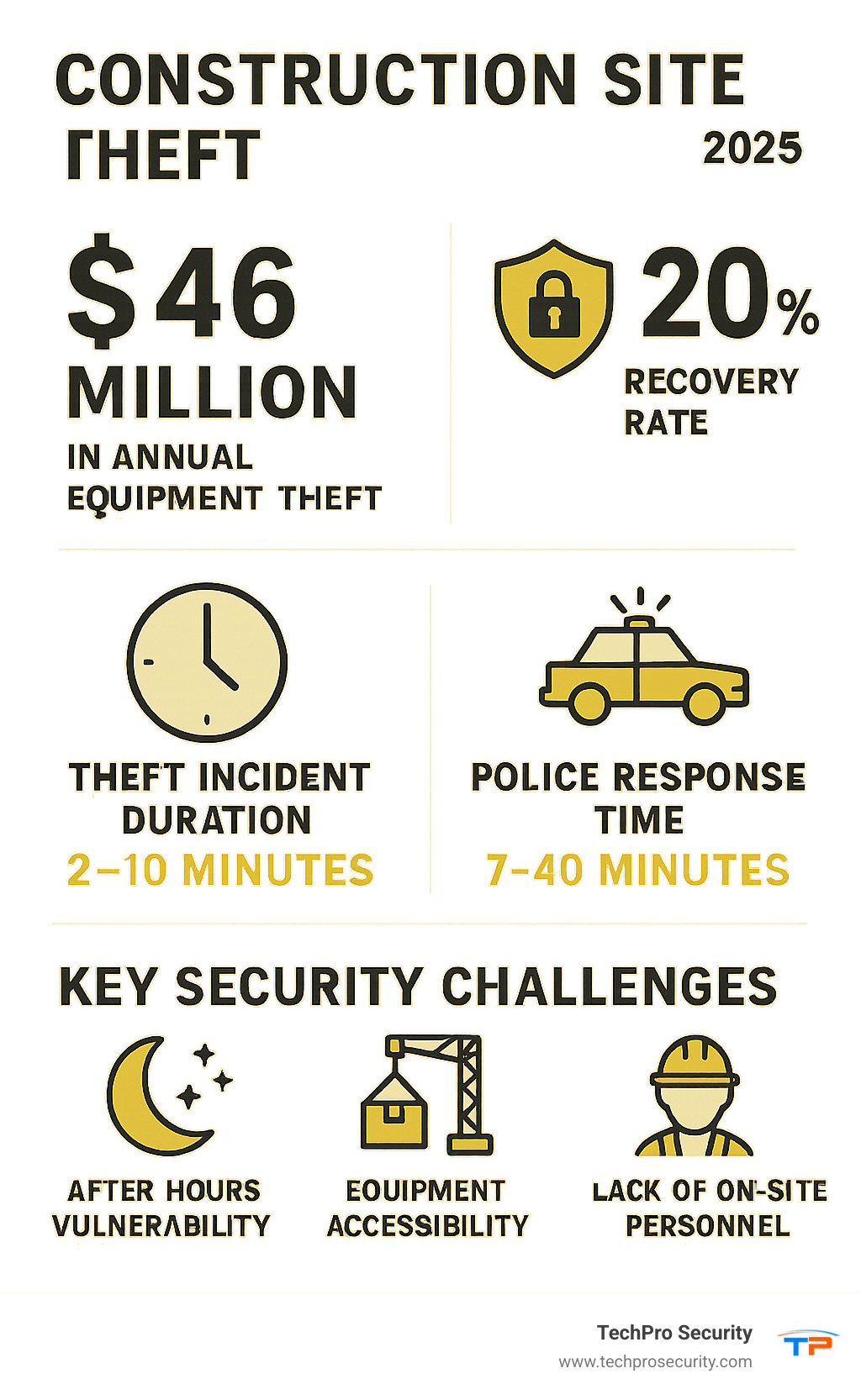 Comprehensive infographic showing construction site theft statistics: $46 million in annual equipment theft, only 20% recovery rate, average theft incident duration of 2-10 minutes versus 7-40 minute police response times, and key security challenges including after-hours vulnerability, equipment accessibility, and lack of on-site personnel - construction site security camera monitoring infographic 
