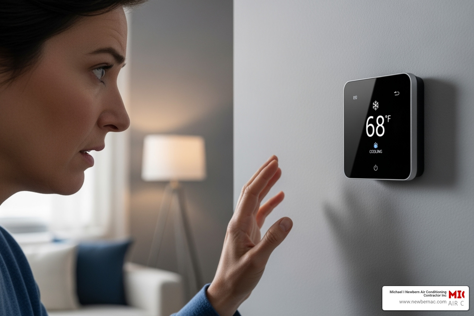 Homeowner looking at thermostat with concerned expression - Heating repair Auburndale FL