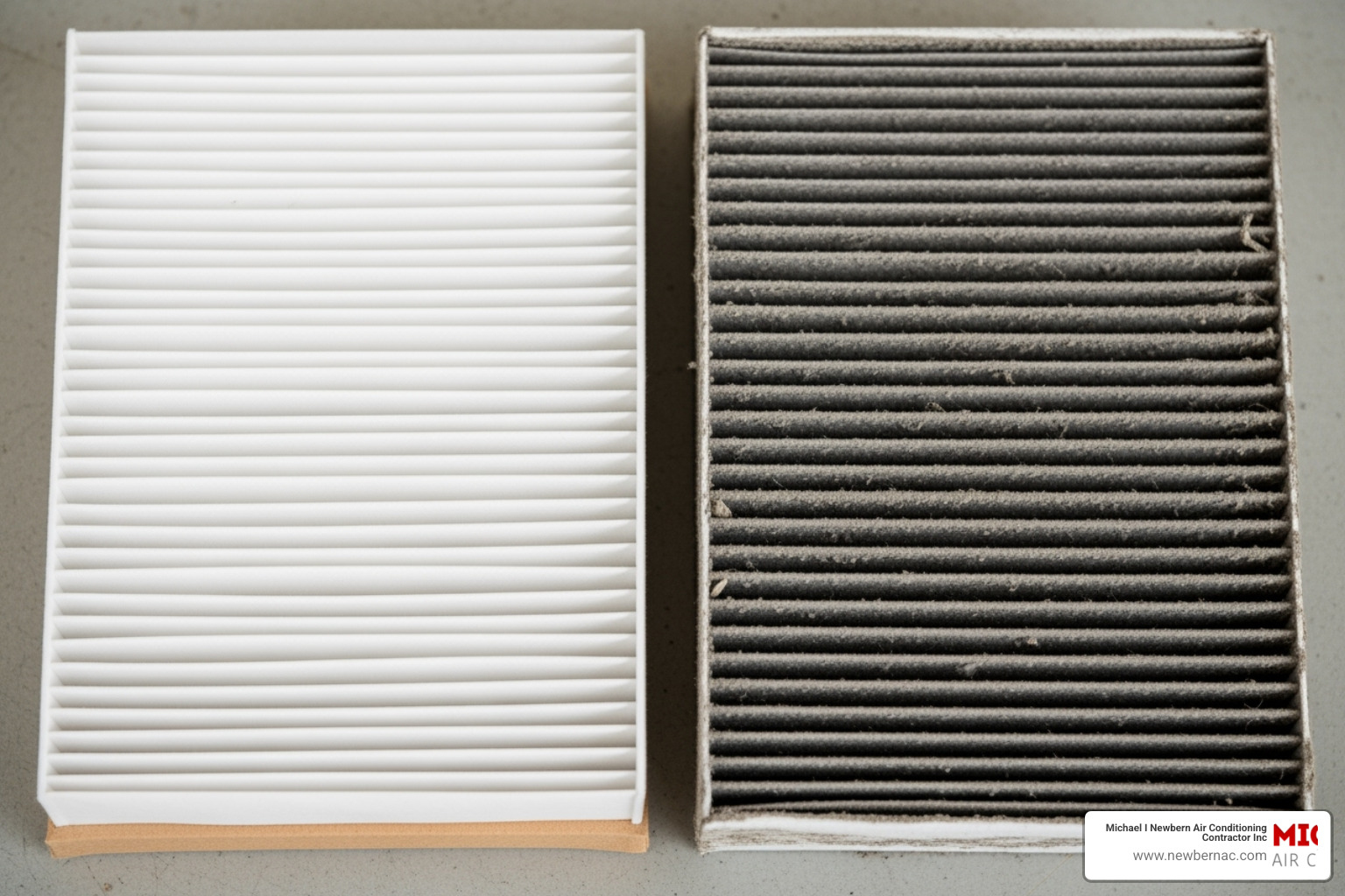 Clean air filter next to a dirty air filter, illustrating the importance of regular filter changes - Heating repair Auburndale FL